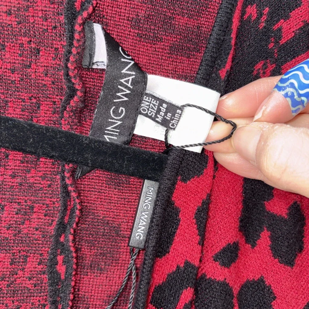 Ming Wang Red Black Leopard Patchwork Knit‎ Wrap Sweater Shawl One Size